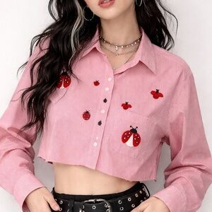 Get Lucky Button Down cropped Shirt Red with Ladybug Embroidery